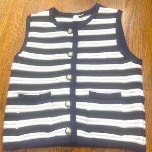 Striped Sleeveless Cardigan with Buttons navy white sweater vest small joie nwot